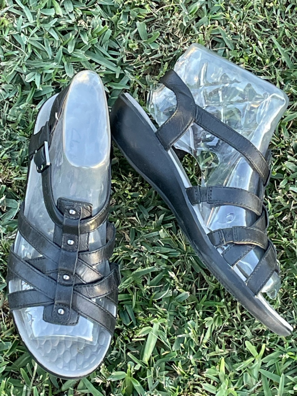 Clarks Black Strappy Wedge Sandals